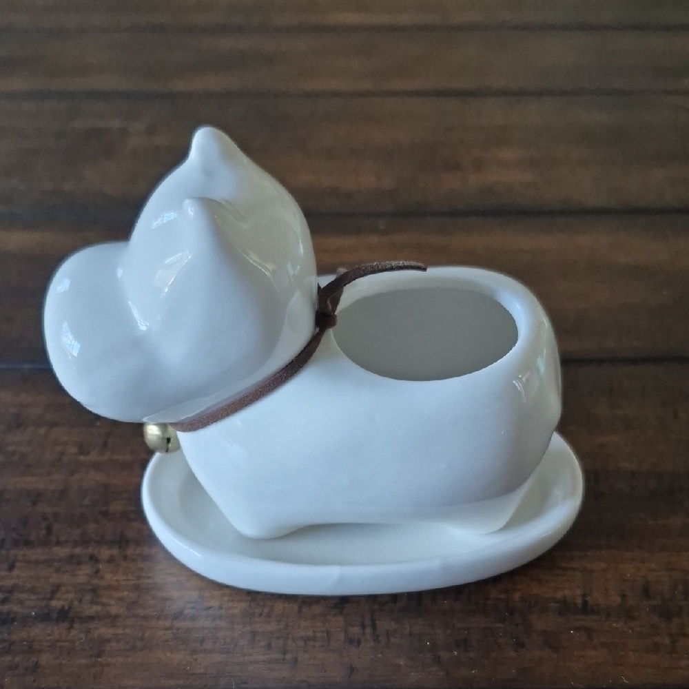 White Ceramic Cow Succulent Planter with Brown Bell Collar